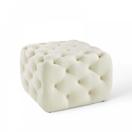Amour Tufted Button Square Performance Velvet Ottoman, Ivory
