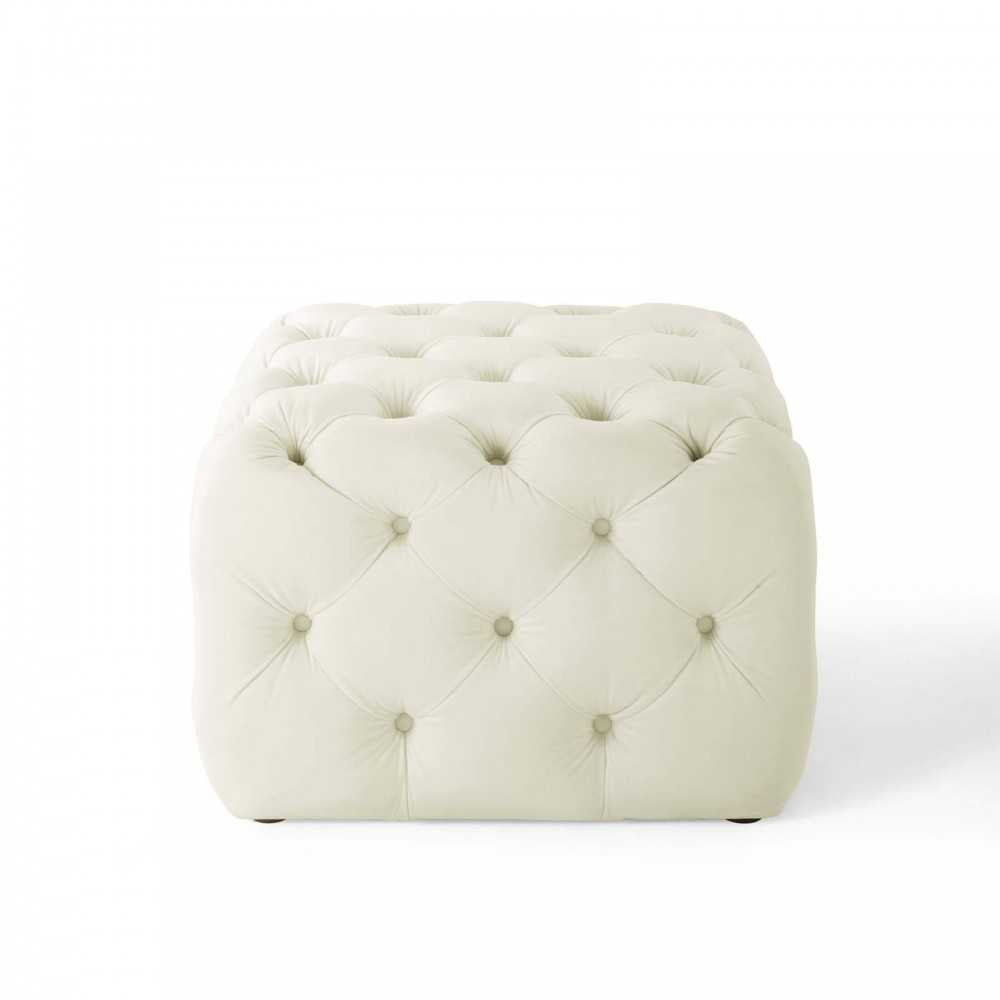 Amour Tufted Button Square Performance Velvet Ottoman, Ivory