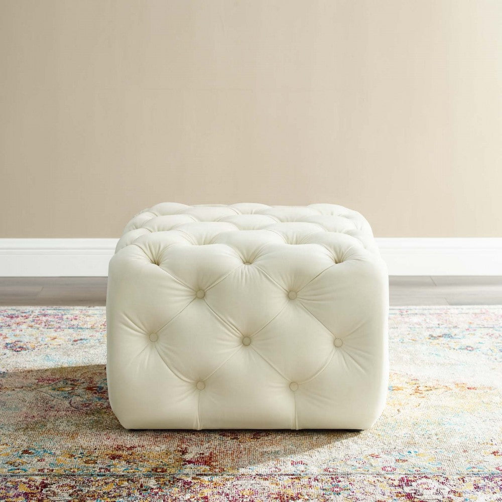 Amour Tufted Button Square Performance Velvet Ottoman, Ivory