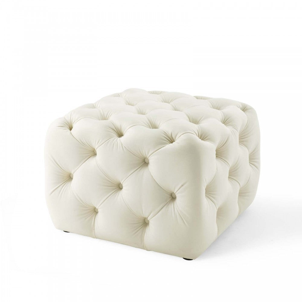 Amour Tufted Button Square Performance Velvet Ottoman, Ivory
