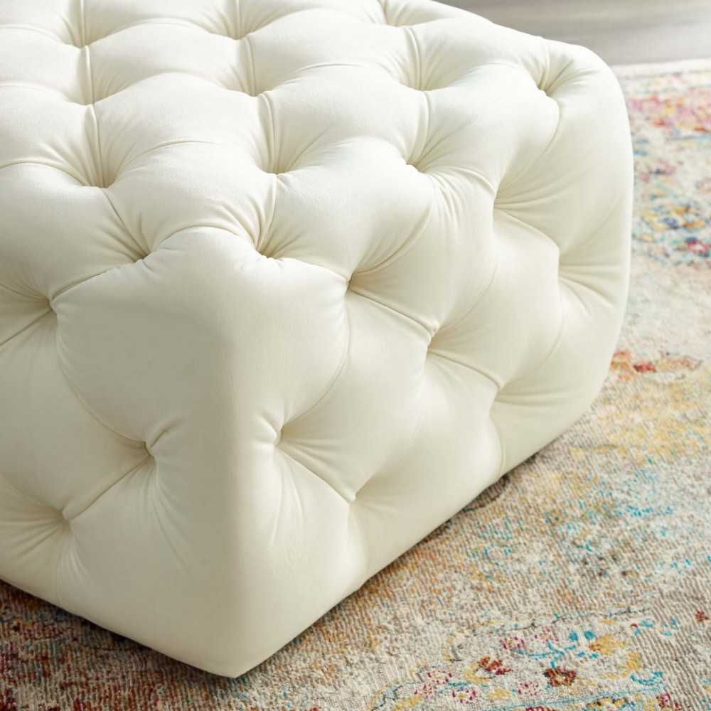 Amour Tufted Button Square Performance Velvet Ottoman, Ivory