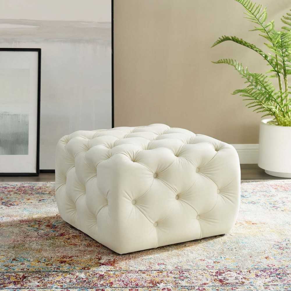 Amour Tufted Button Square Performance Velvet Ottoman, Ivory