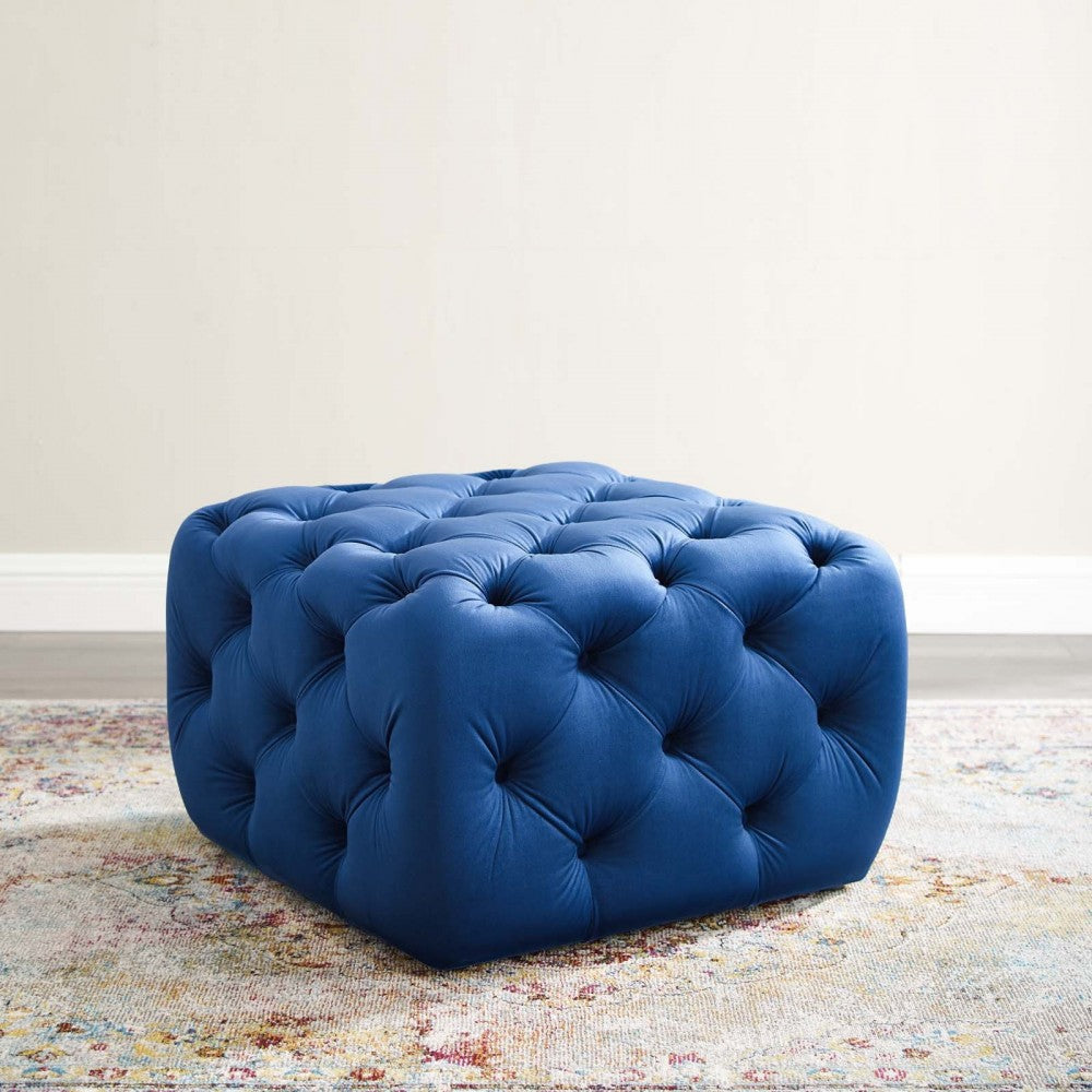 Amour Tufted Button Square Performance Velvet Ottoman, Navy