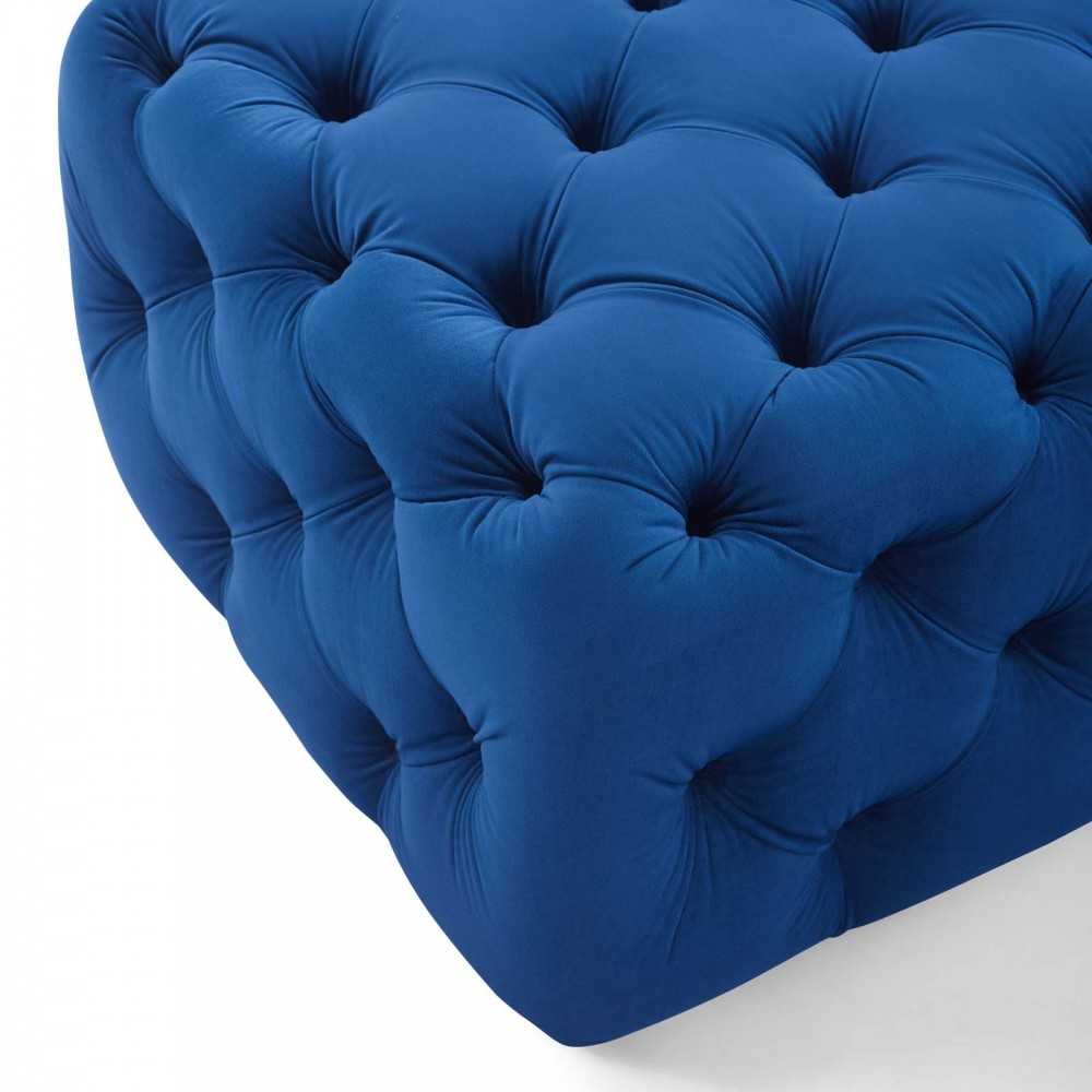 Amour Tufted Button Square Performance Velvet Ottoman, Navy