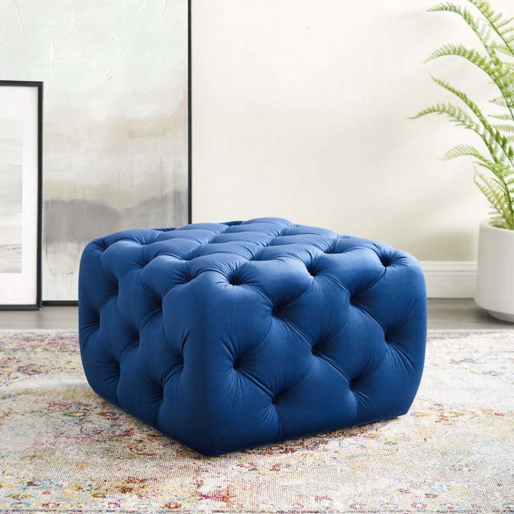 Amour Tufted Button Square Performance Velvet Ottoman, Navy