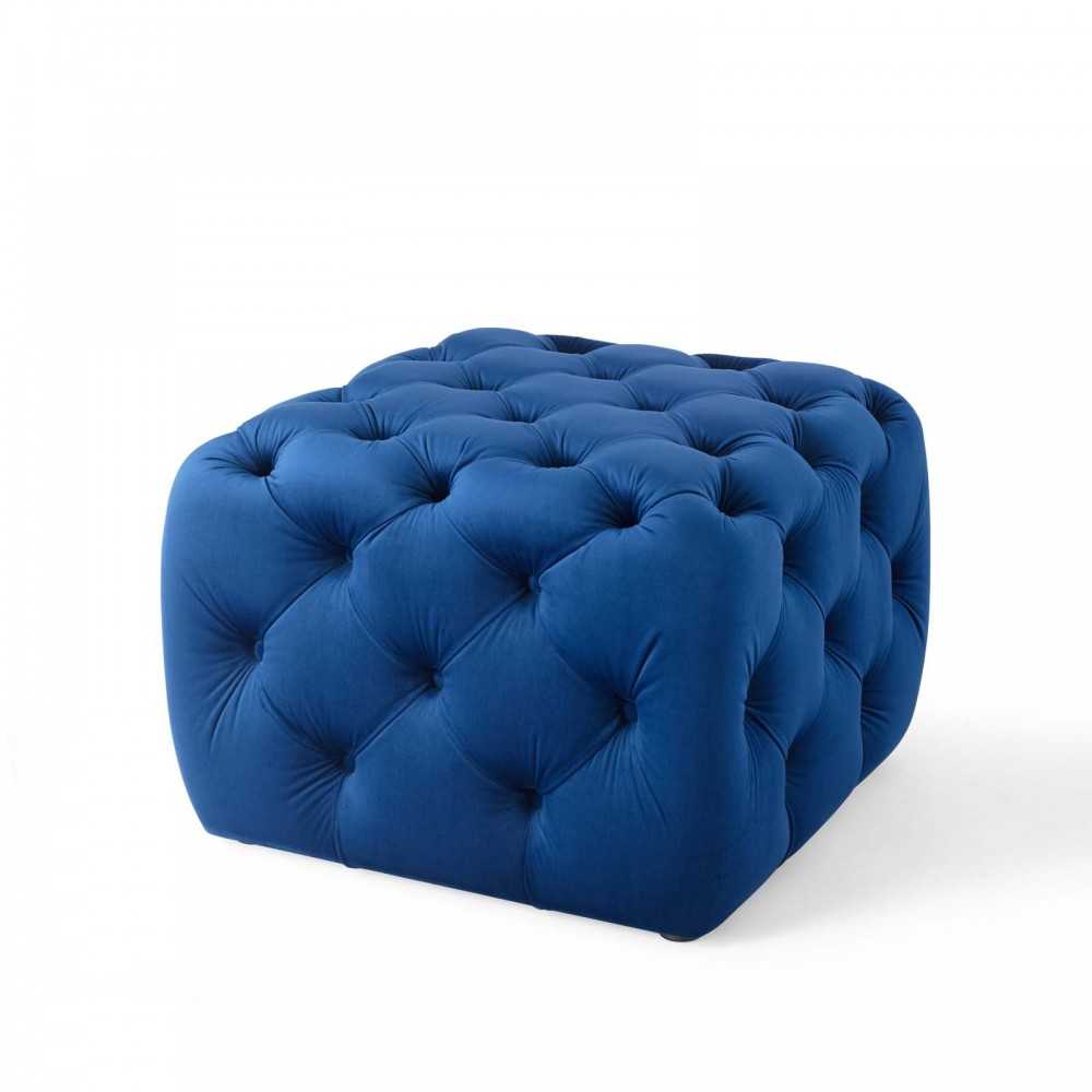 Amour Tufted Button Square Performance Velvet Ottoman, Navy