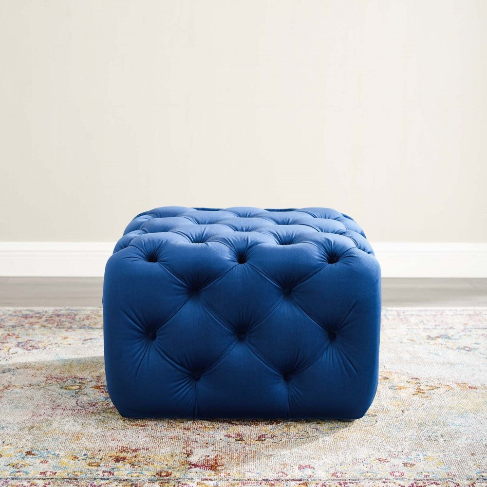 Amour Tufted Button Square Performance Velvet Ottoman, Navy