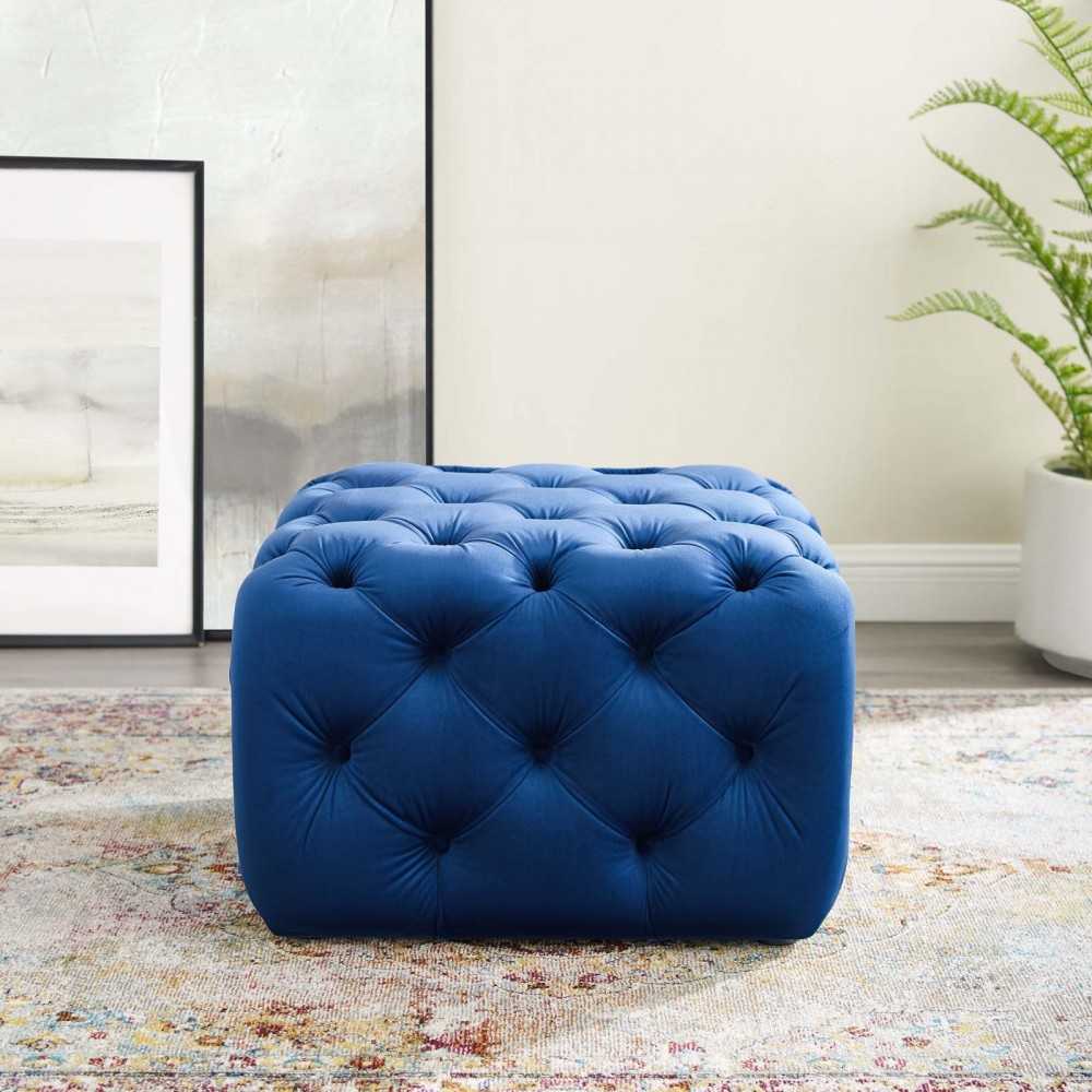 Amour Tufted Button Square Performance Velvet Ottoman, Navy