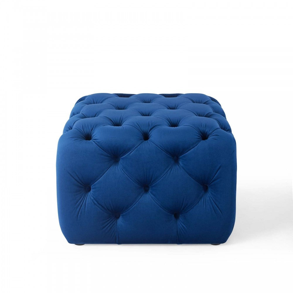 Amour Tufted Button Square Performance Velvet Ottoman, Navy