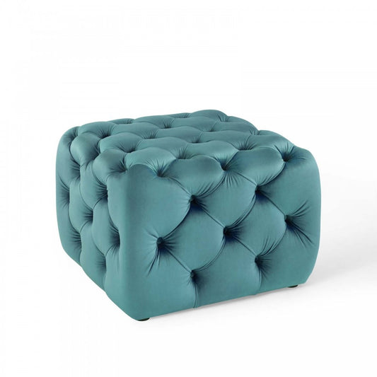Amour Tufted Button Square Performance Velvet Ottoman, Sea Blue