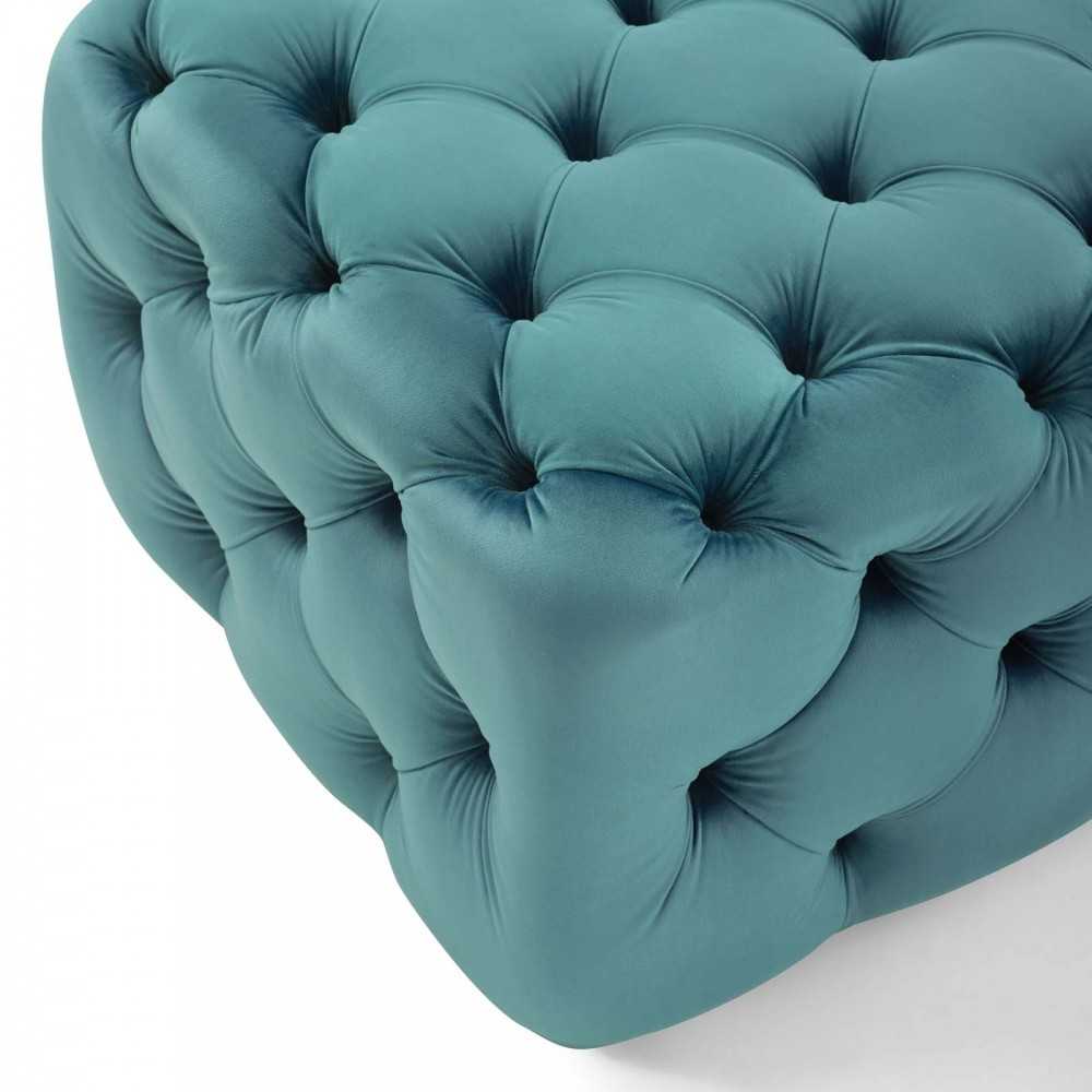 Amour Tufted Button Square Performance Velvet Ottoman, Sea Blue