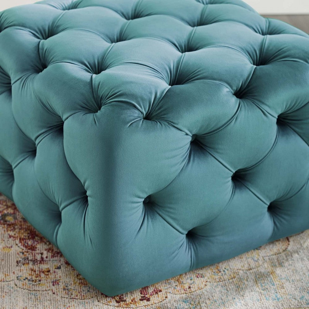Amour Tufted Button Square Performance Velvet Ottoman, Sea Blue