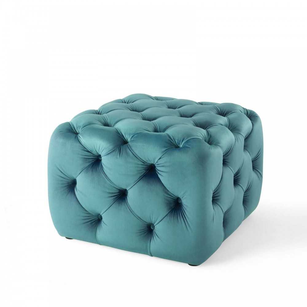 Amour Tufted Button Square Performance Velvet Ottoman, Sea Blue