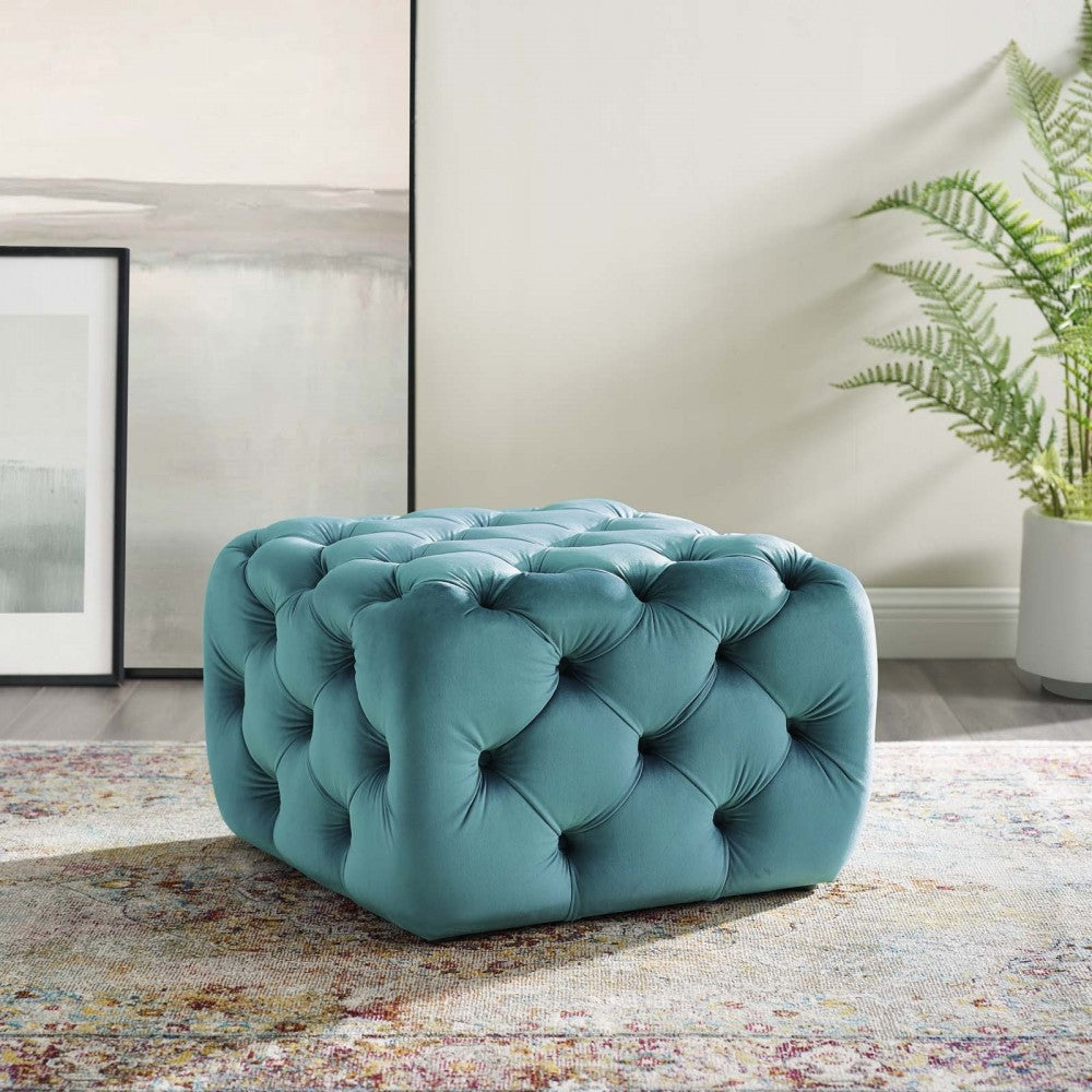 Amour Tufted Button Square Performance Velvet Ottoman, Sea Blue