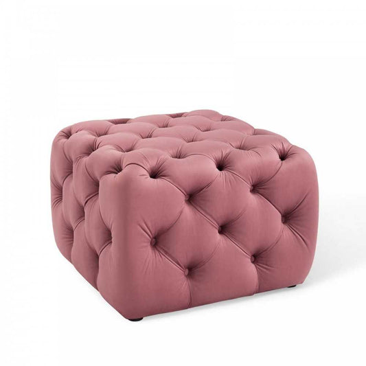 Amour Tufted Button Square Performance Velvet Ottoman, Dusty Rose