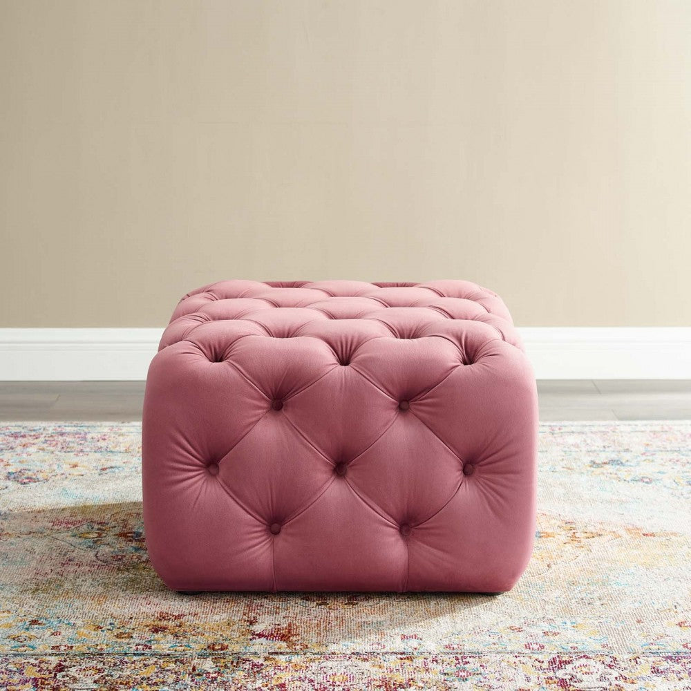 Amour Tufted Button Square Performance Velvet Ottoman, Dusty Rose