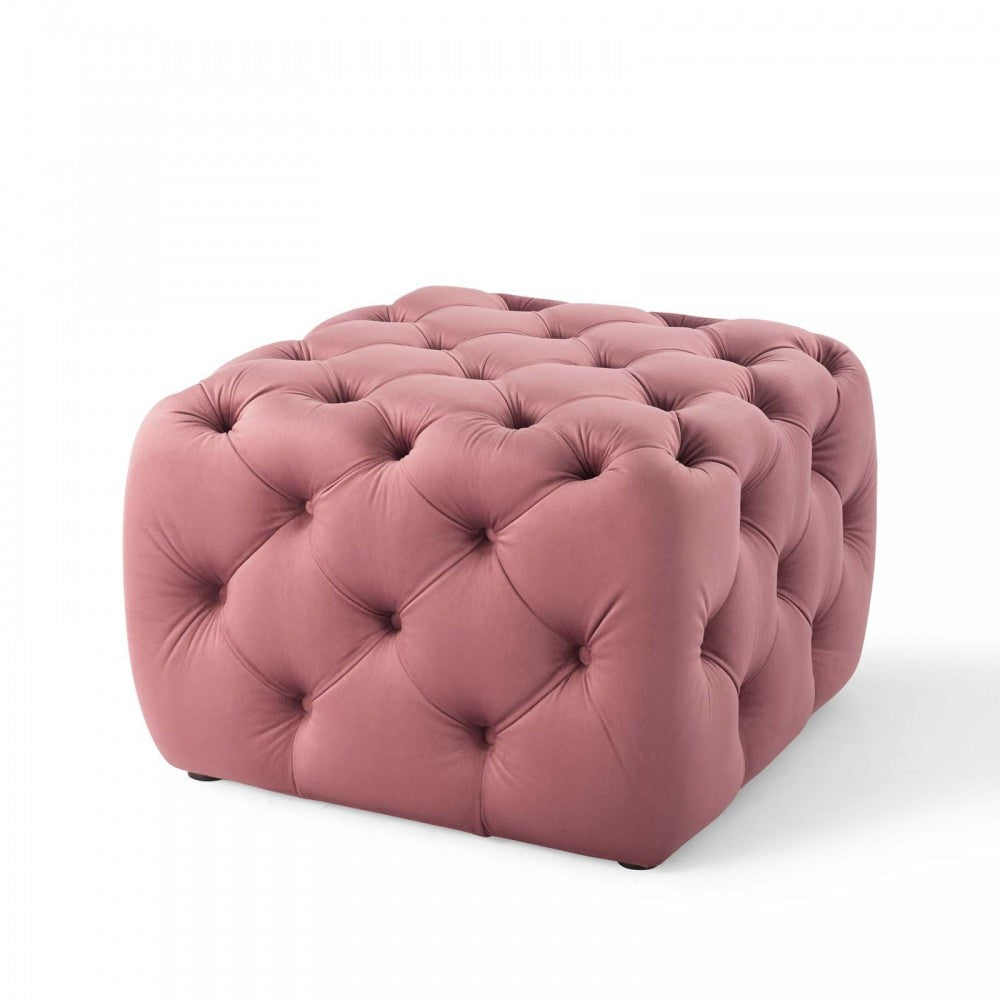Amour Tufted Button Square Performance Velvet Ottoman, Dusty Rose