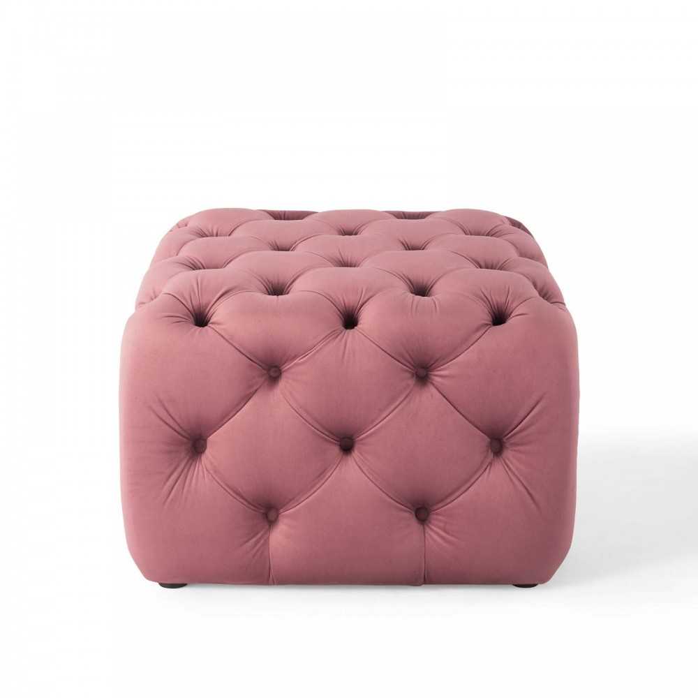 Amour Tufted Button Square Performance Velvet Ottoman, Dusty Rose