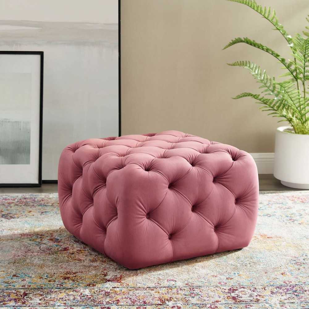 Amour Tufted Button Square Performance Velvet Ottoman, Dusty Rose