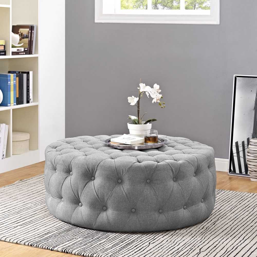 Amour Upholstered Fabric Ottoman, Light Gray