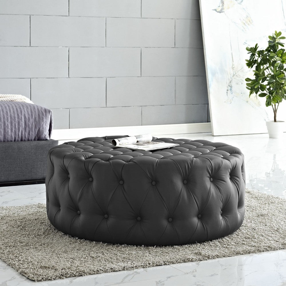 Amour Upholstered Vinyl Ottoman, Black