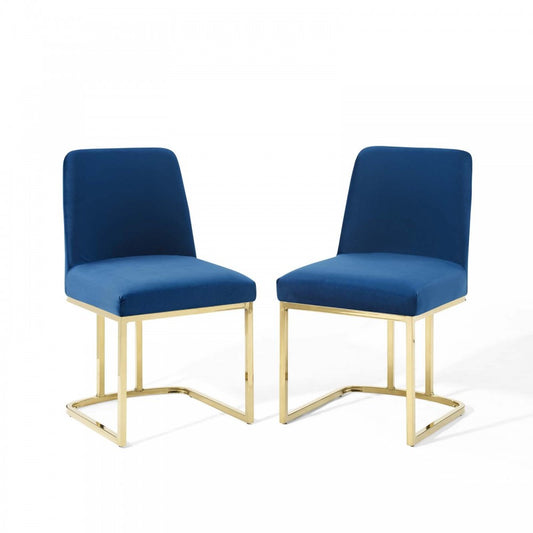 Amplify Sled Base Performance Velvet Dining Chairs - Set of 2, Gold Navy