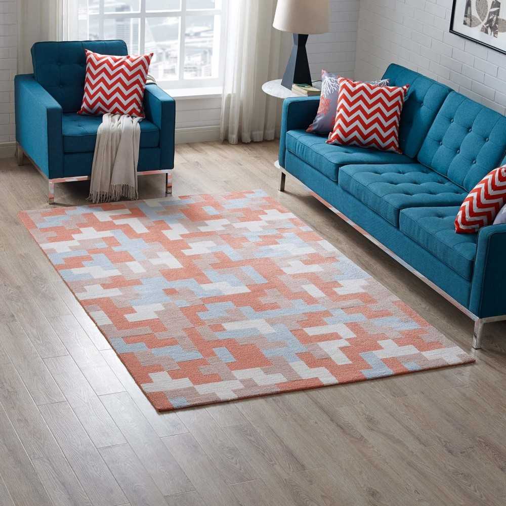 Andela Interlocking Block Mosaic 5x8 Area Rug, Multicolored Coral and Light Blue