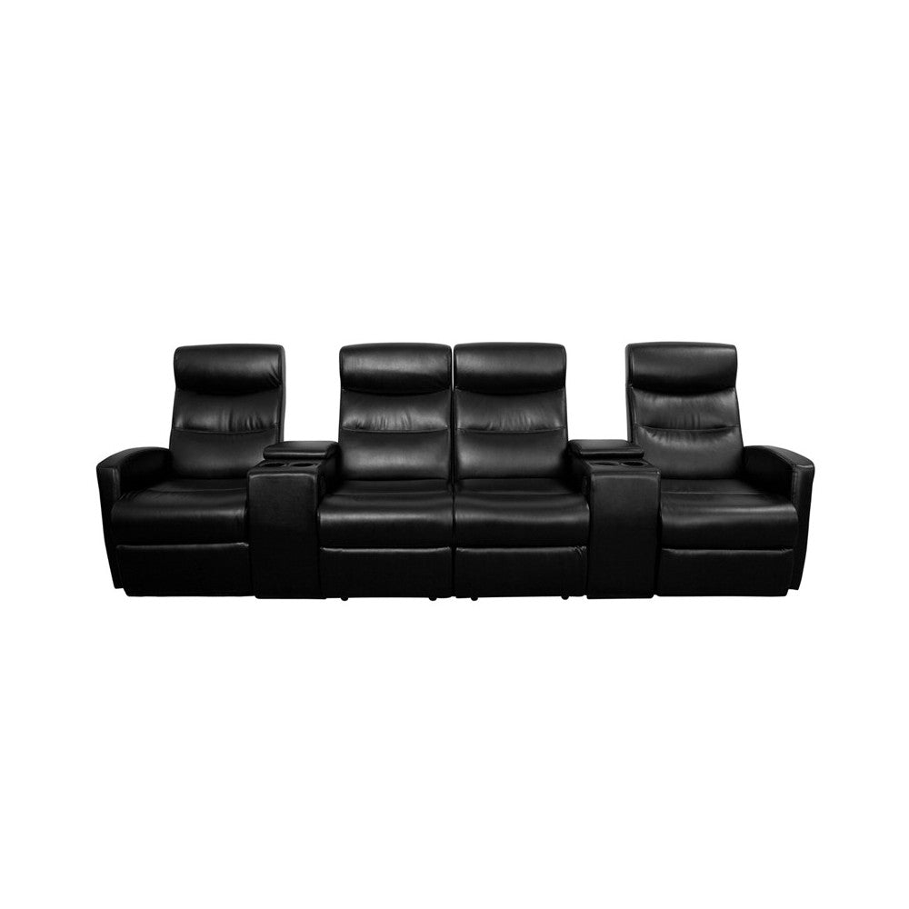 Anetos Series 4-Seat Reclining Black LeatherSoft Theater Seating Unit with Cup Holders