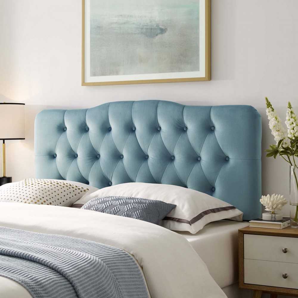 Annabel King Diamond Tufted Performance Velvet Headboard, Light Blue