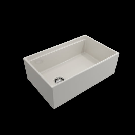Apron Front Step Rim with Integrated Work Station Fireclay 30 in. Single Bowl Kitchen Sink with Accessories in Biscuit