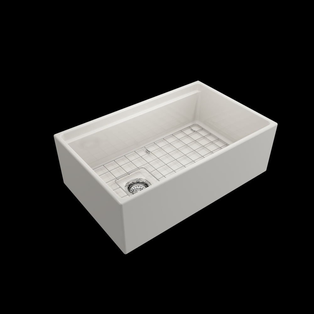 Apron Front Step Rim with Integrated Work Station Fireclay 30 in. Single Bowl Kitchen Sink with Accessories in Biscuit