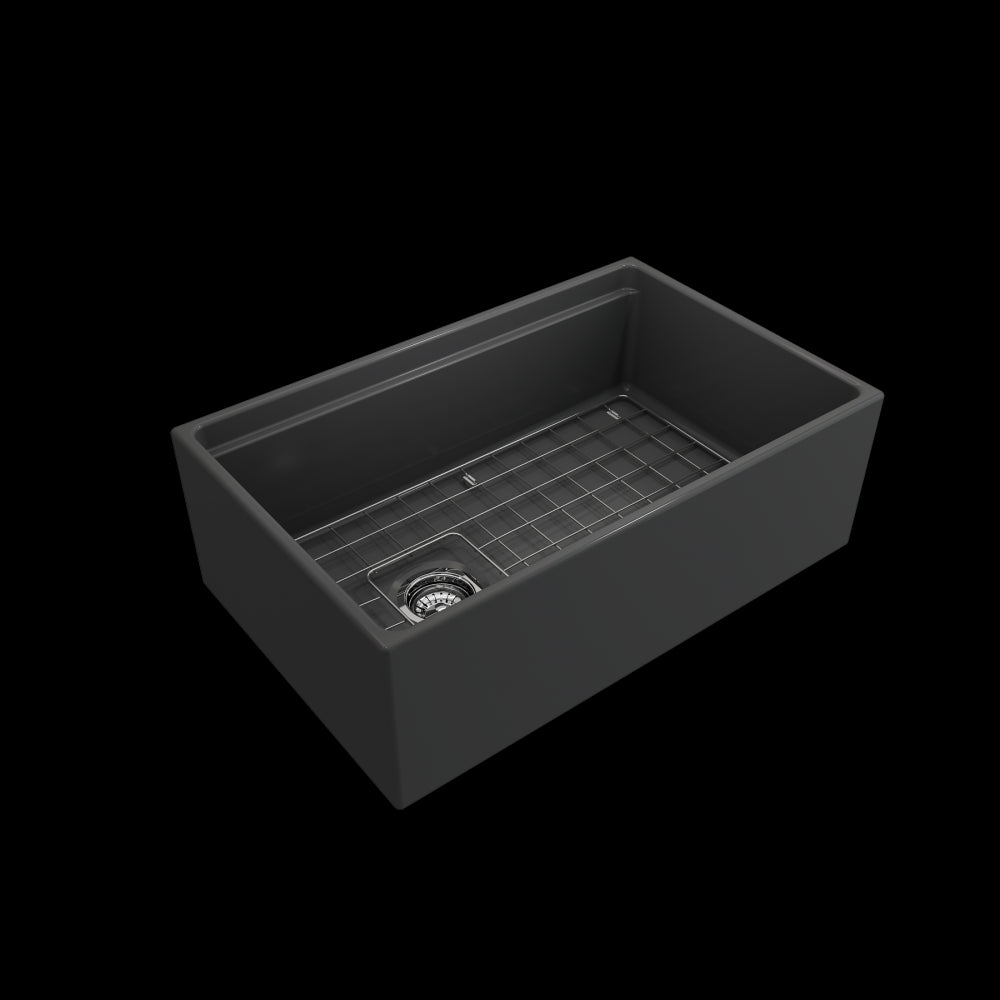 Apron Front Step Rim with Integrated Work Station Fireclay 30 in. Single Bowl Kitchen Sink with Accessories in Matte Dark Gray