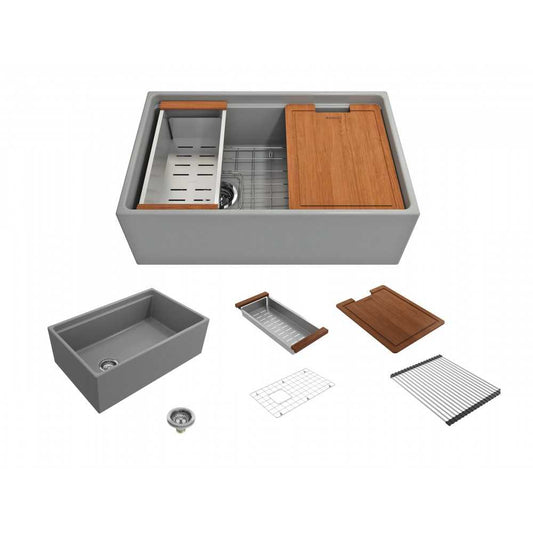 Apron Front Step Rim with Integrated Work Station Fireclay 30 in. Single Bowl Kitchen Sink with Accessories in Matte Gray
