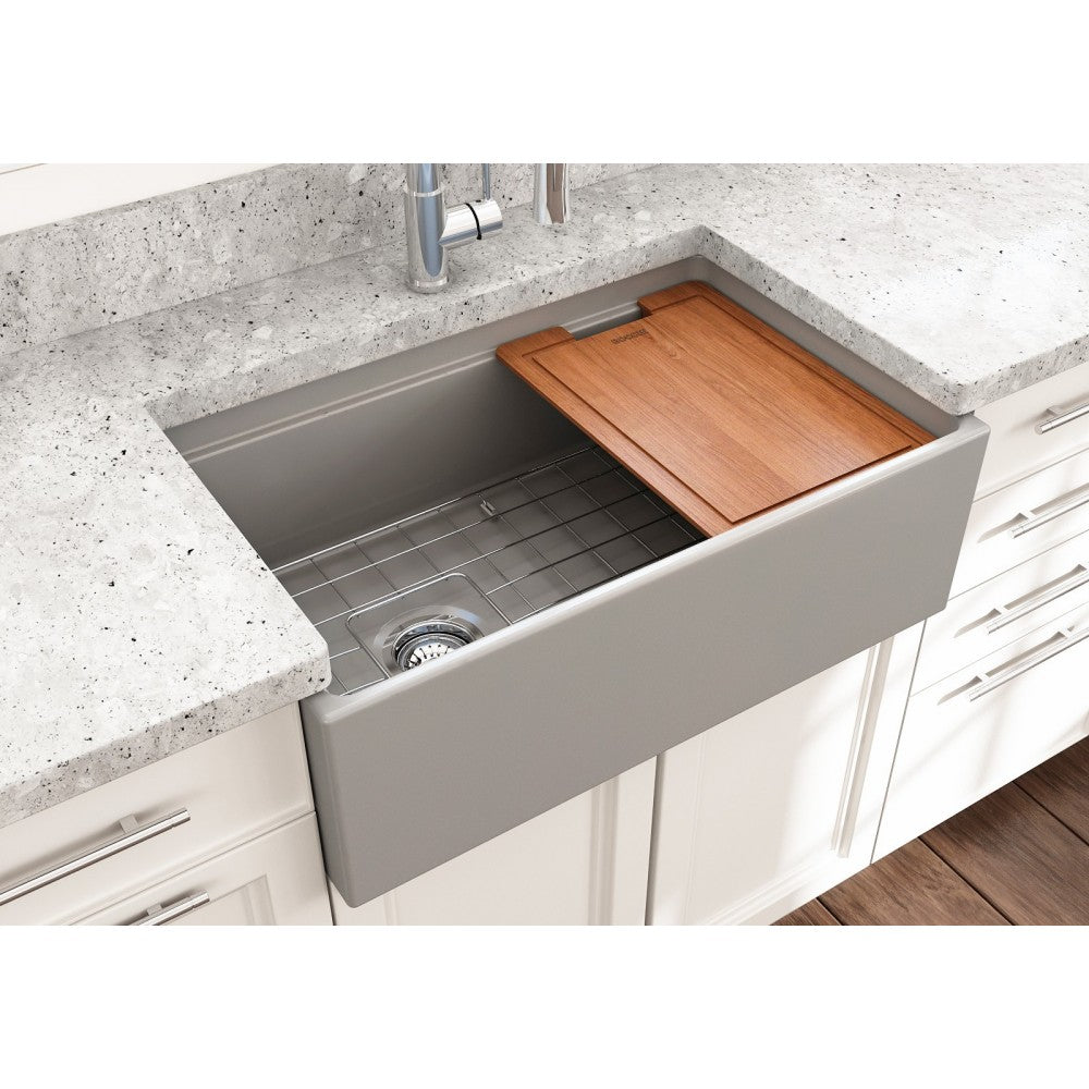 Apron Front Step Rim with Integrated Work Station Fireclay 30 in. Single Bowl Kitchen Sink with Accessories in Matte Gray
