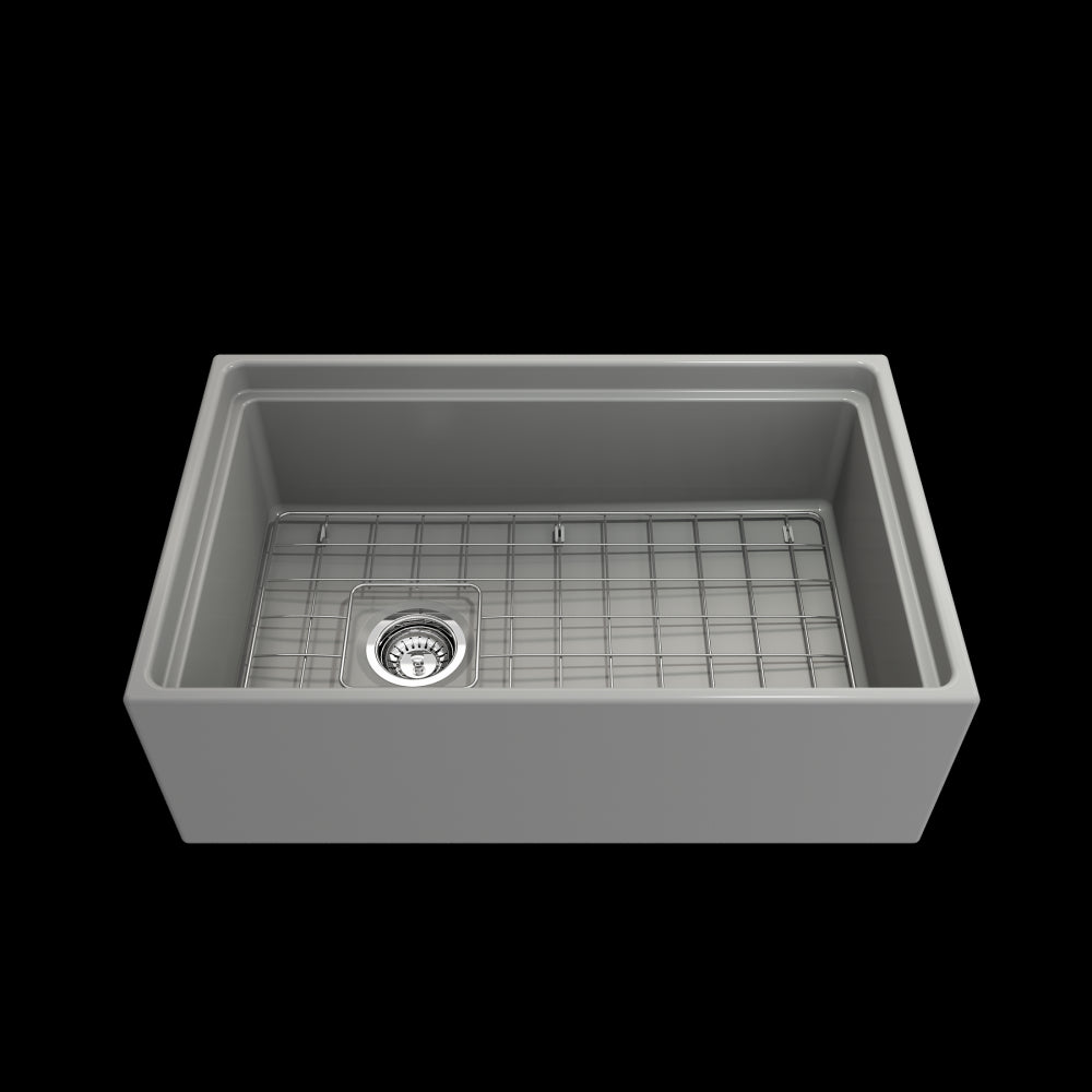 Apron Front Step Rim with Integrated Work Station Fireclay 30 in. Single Bowl Kitchen Sink with Accessories in Matte Gray