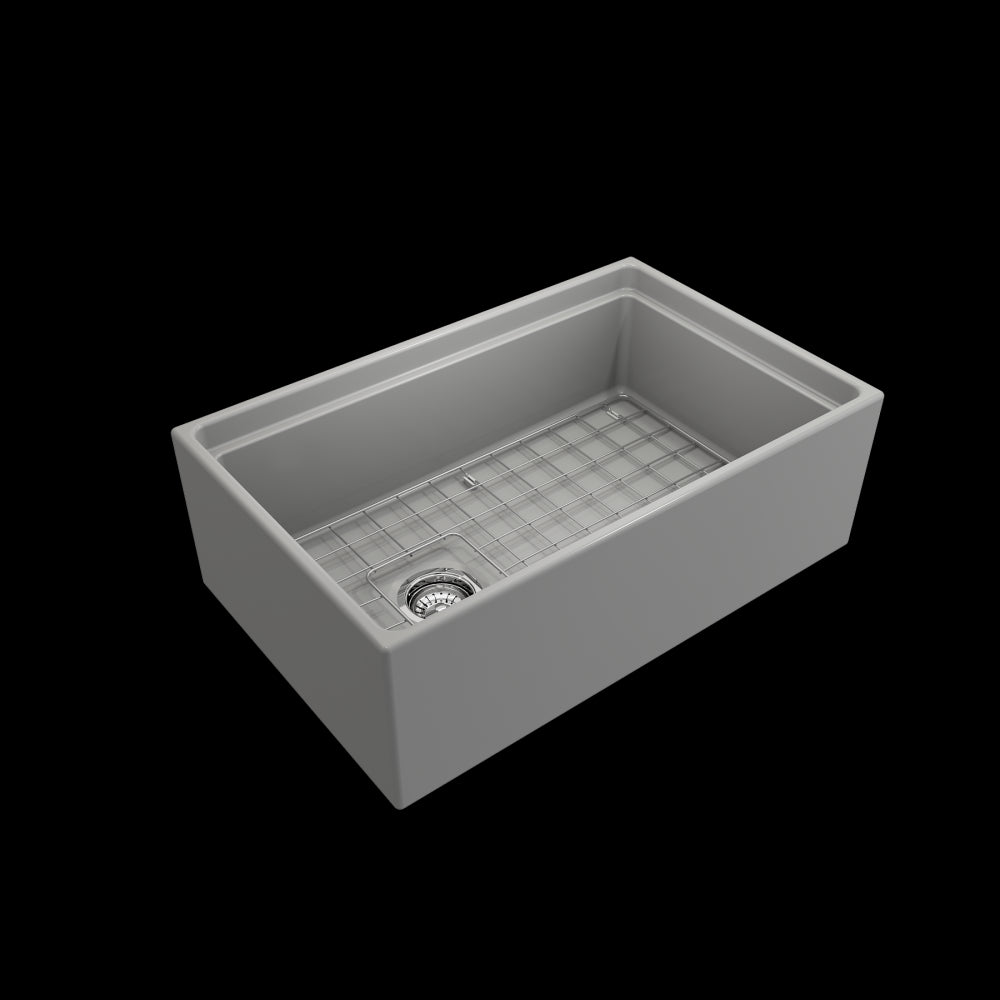 Apron Front Step Rim with Integrated Work Station Fireclay 30 in. Single Bowl Kitchen Sink with Accessories in Matte Gray