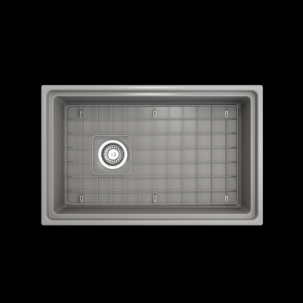 Apron Front Step Rim with Integrated Work Station Fireclay 30 in. Single Bowl Kitchen Sink with Accessories in Matte Gray