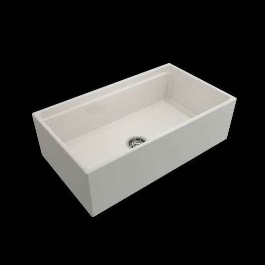 Apron Front Step Rim with Integrated Work Station Fireclay 33 in. Single Bowl Kitchen Sink with Accessories in Biscuit
