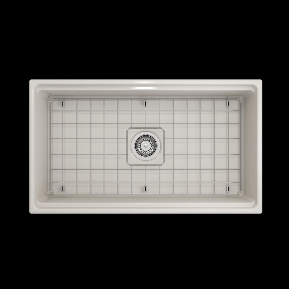 Apron Front Step Rim with Integrated Work Station Fireclay 33 in. Single Bowl Kitchen Sink with Accessories in Biscuit