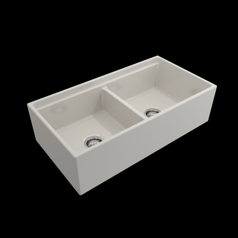 Apron Front Step Rim with Integrated Work Station Fireclay 36 in. Double Bowl Kitchen Sink with Accessories in Biscuit