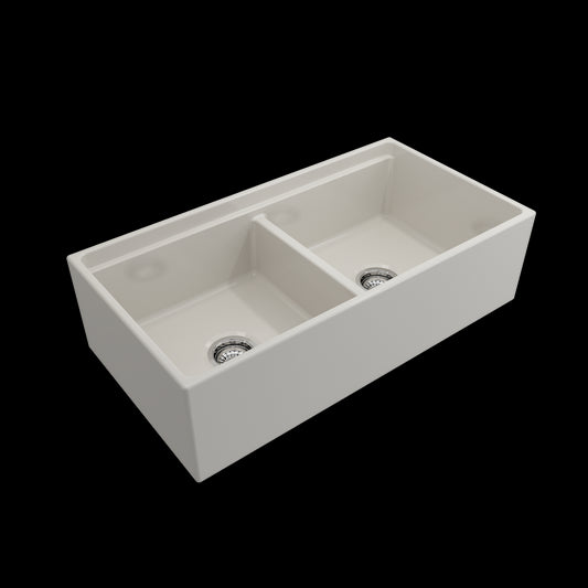 Apron Front Step Rim with Integrated Work Station Fireclay 36 in. Double Bowl Kitchen Sink with Accessories in Biscuit
