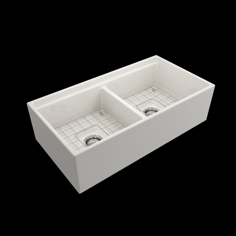 Apron Front Step Rim with Integrated Work Station Fireclay 36 in. Double Bowl Kitchen Sink with Accessories in Biscuit