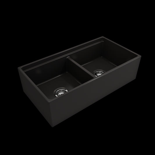 Apron Front Step Rim with Integrated Work Station Fireclay 36 in. Double Bowl Kitchen Sink with Accessories in Matte Black
