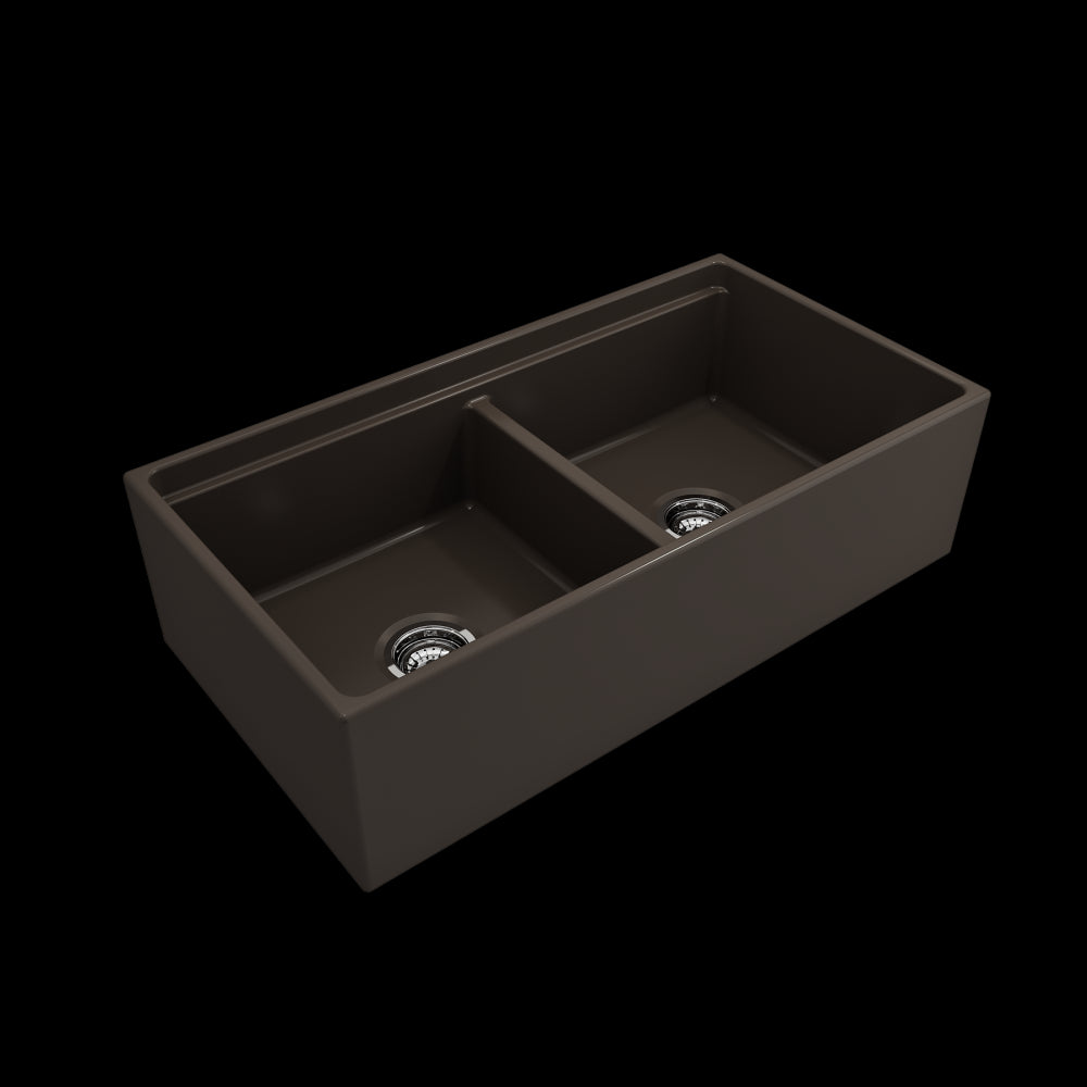 Apron Front Step Rim with Integrated Work Station Fireclay 36 in. Double Bowl Kitchen Sink with Accessories in Matte Brown