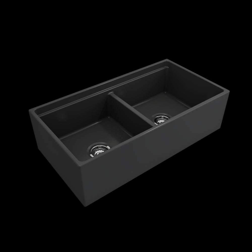 Apron Front Step Rim with Integrated Work Station Fireclay 36 in. Double Bowl Kitchen Sink with Accessories in Matte Dark Gray