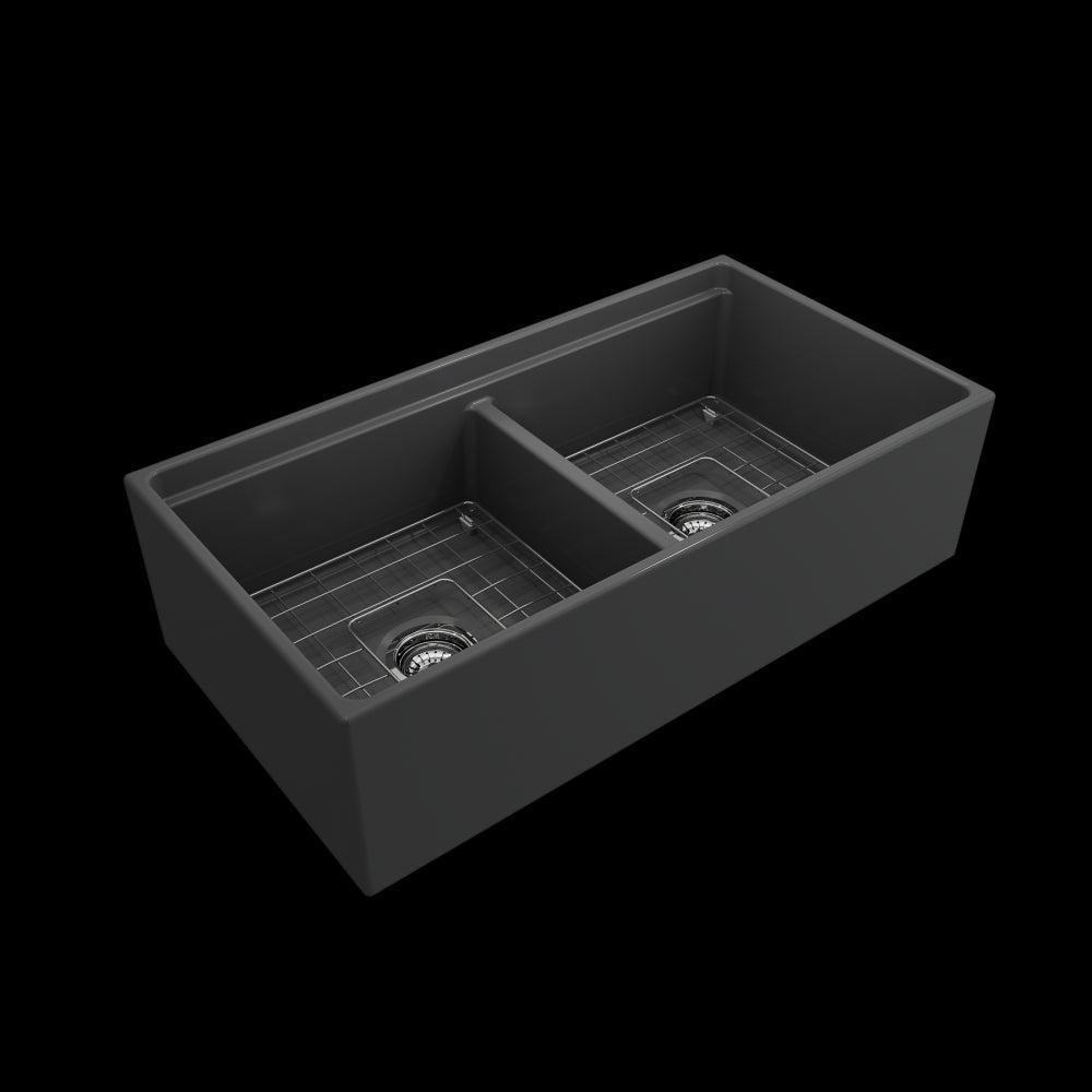 Apron Front Step Rim with Integrated Work Station Fireclay 36 in. Double Bowl Kitchen Sink with Accessories in Matte Dark Gray