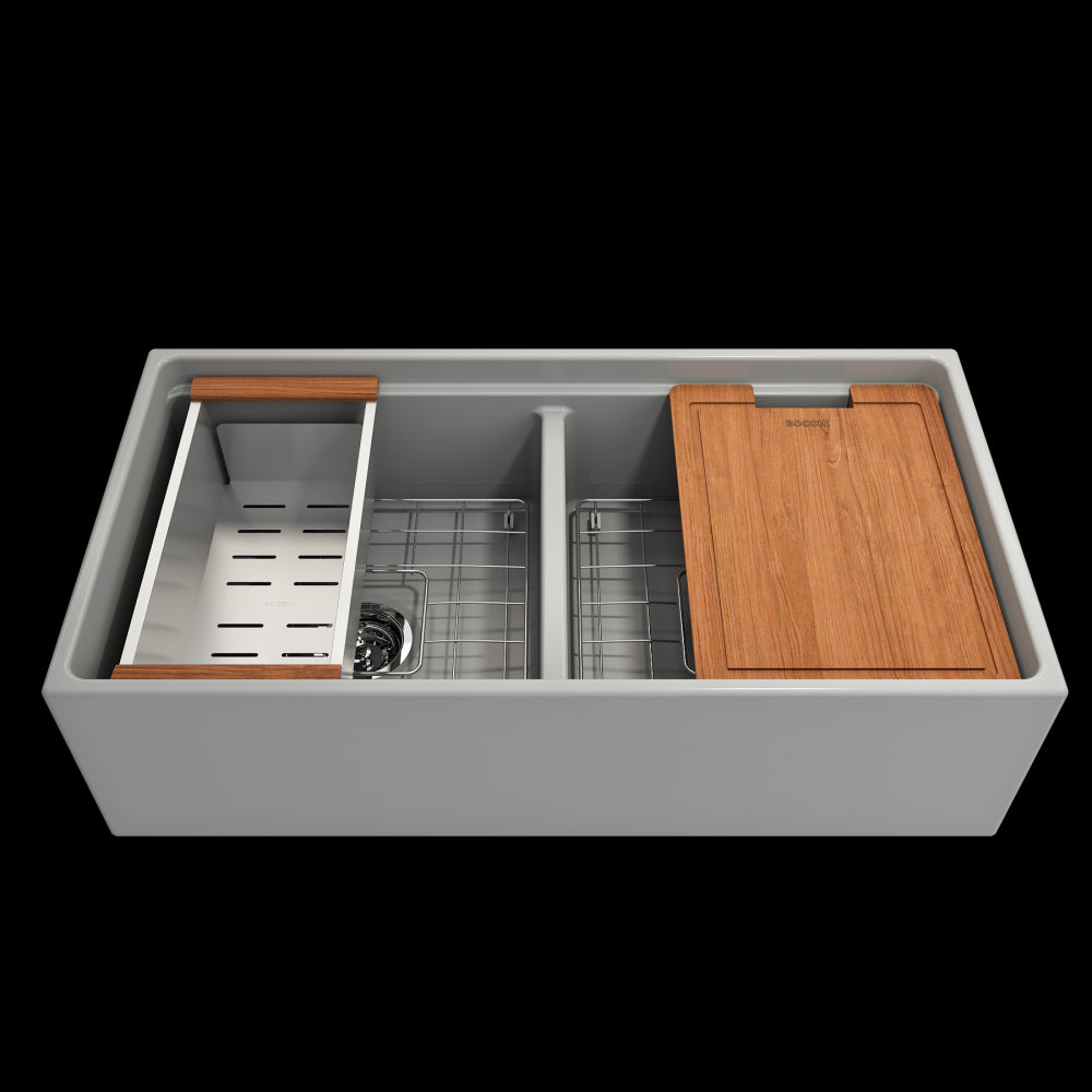 Apron Front Step Rim with Integrated Work Station Fireclay 36 in. Double Bowl Kitchen Sink with Accessories in Matte Gray