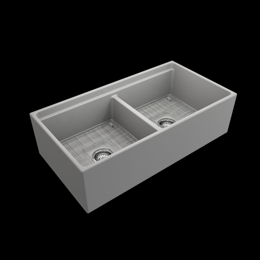 Apron Front Step Rim with Integrated Work Station Fireclay 36 in. Double Bowl Kitchen Sink with Accessories in Matte Gray