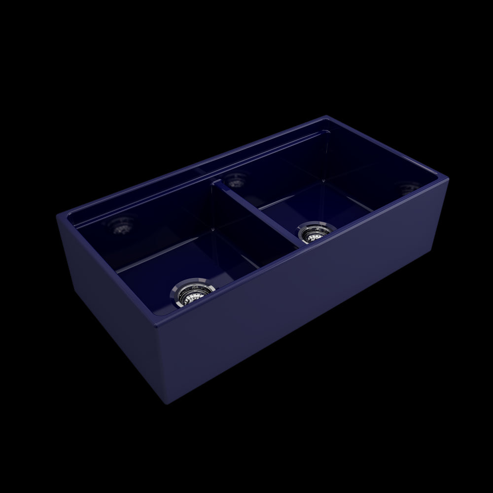 Apron Front Step Rim with Integrated Work Station Fireclay 36 in. Double Bowl Kitchen Sink with Accessories in Sapphire Blue