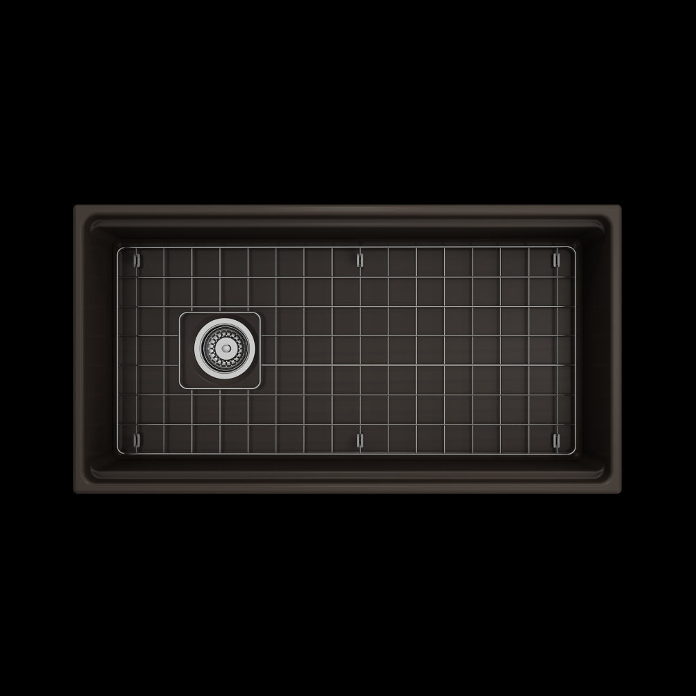 Apron Front Step Rim with Integrated Work Station Fireclay 36 in. Single Bowl Kitchen Sink with Accessories in Matte Brown